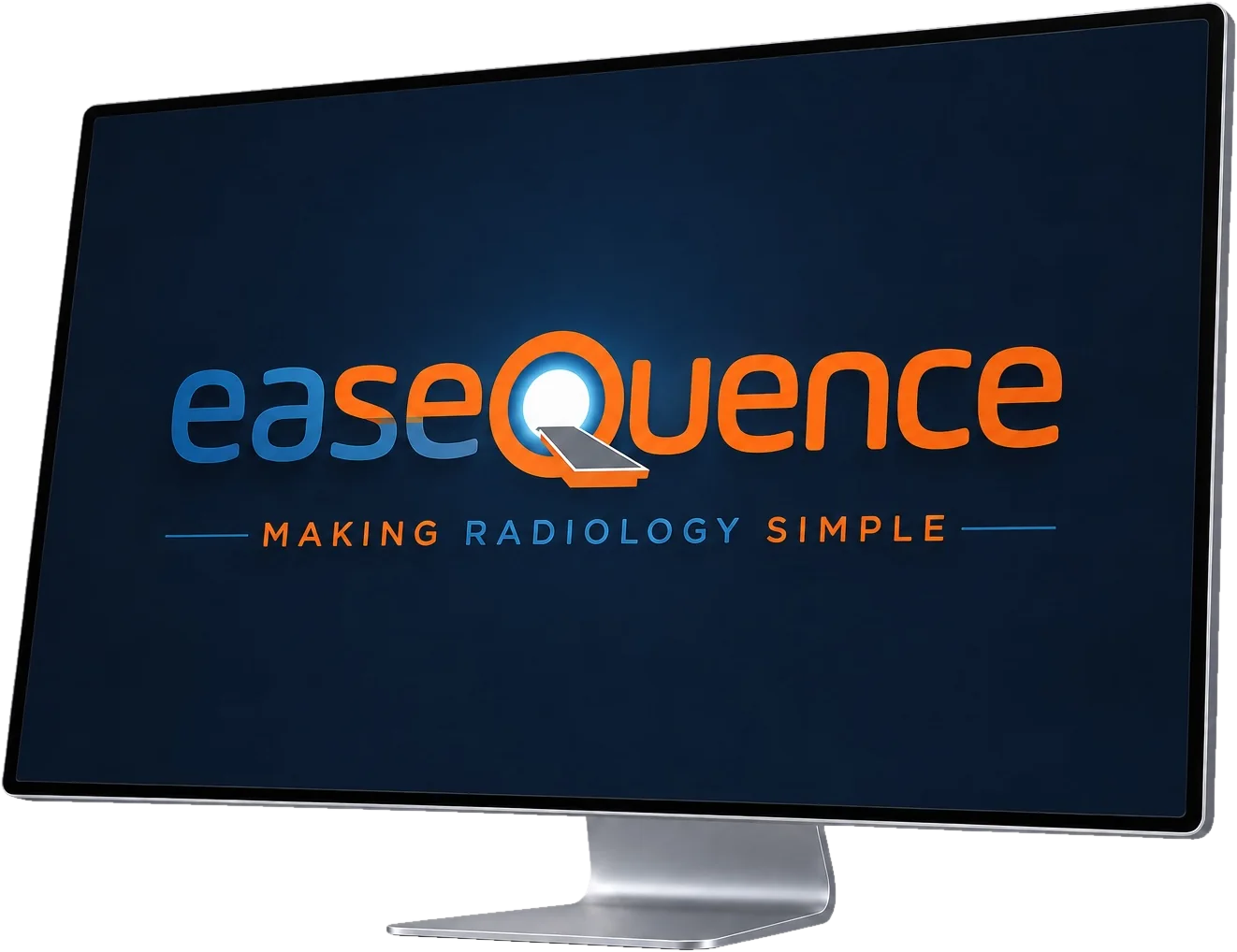 Monitor mit dem easequence-Logo und dem Claim „Making Radiology Simple“